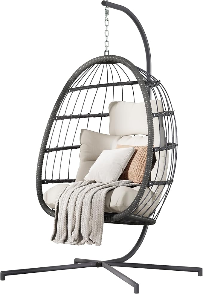 HWB Hanging Egg Chair with Stand, Patio Wicker Hammock Egg Swing Chair with Cushion for Bedroom Garden Indoor Outdoor (Beige)