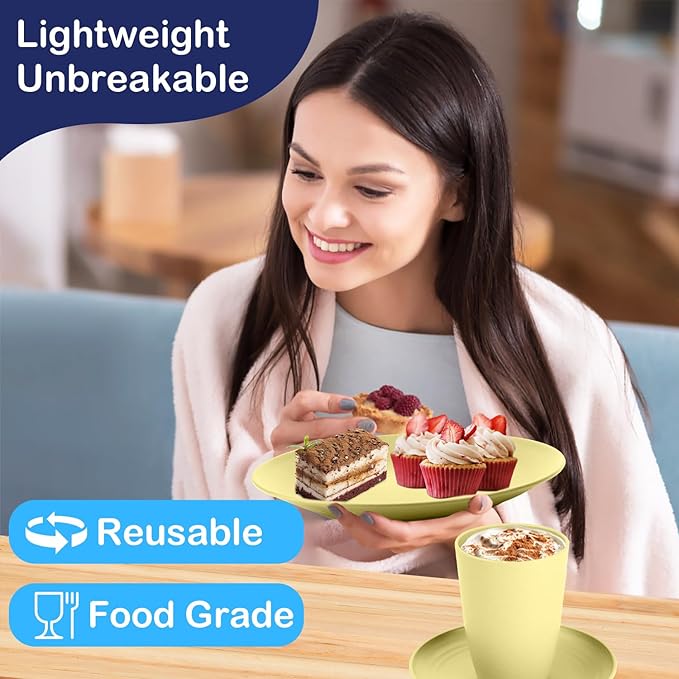 Wheat Straw Dinnerware Set 40-Piece Service for 8 Unbreakable Dishes Set Plates and Bowls Sets Drinking Glasses Microwave Safe Dish Set Lightweight Dinnerware Set for Home & Kitchen - Yellow