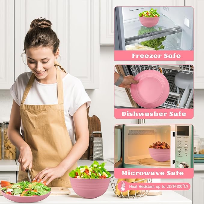 Kitchen Wheat Straw Dinnerware Sets (33pcs) Attached cleaning brush,Service For 8,Plastic Plates and Bowls Sets,Unbreakable Dinnerware,Lightweight Plastic Plate Set (pink)