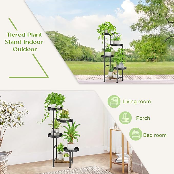 Plant Stand Indoor Outdoor, 5 Tier Metal Flower Pot Shelf Holder Clearance, Tall Corner Rack for Multiple Plants, Modern Organizer Display for Patio Orchid Office Porch Living Room Garden, Black