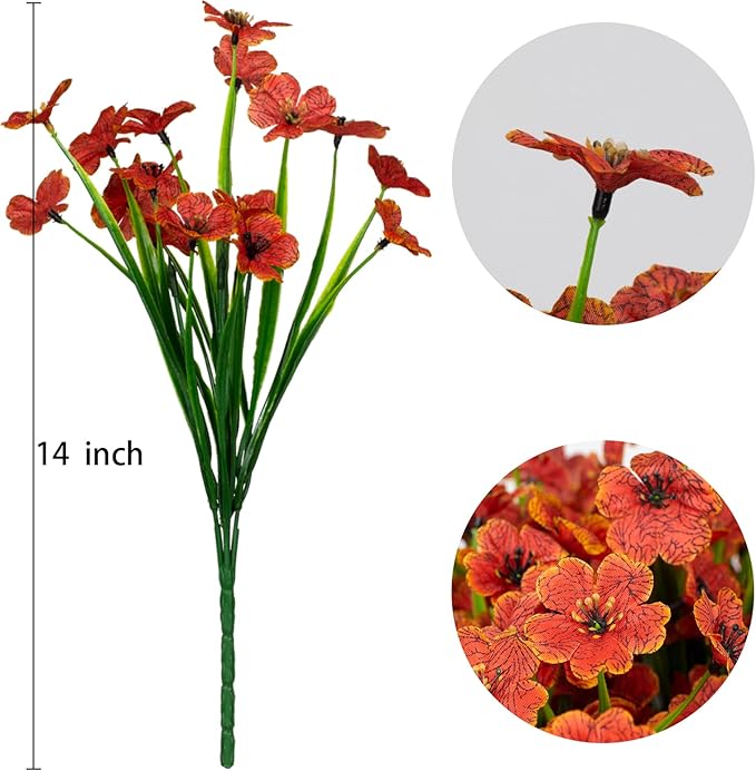 15 Bundles Artificial Flowers UV Resistant Outdoor Plants No Fade Faux Plastic Shrubs Fake Silk Flowers Window Box Garden Porch Home Decoration(Orange)