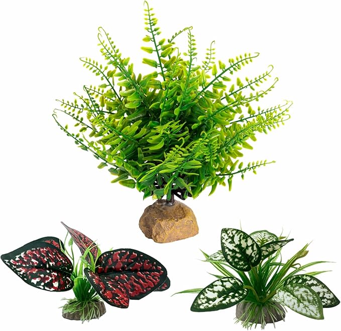 Reptile Artificial Plants, Terrarium Plants Decorations Supplies, Aquarium Fish Tank Plants, Amphibian Habitat Hideout Tank Accessories(L Set-3pcs/E)