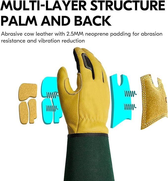 Vgo... Safety Work Gloves Men,Extra-long Cuff, Cow Grain Leather,Puncture-proof, Thornproof, Durability, Touchscreen,Gardeing (1 Pair,Size S, Golden Green, CA7472)
