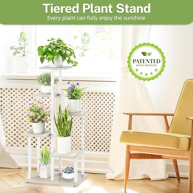iDavosic.ly 6 Tier Plant Stand Indoor, Tiered Corner Plant Shelf for Multiple Plants, Metal Wood Tall Plant Display Rack Flower Holder for Patio Porch Garden Balcony Bedroom, White