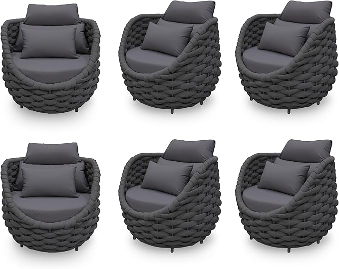 6 PCS Front Porch Accent Chair: Aluminum Woven Rope Armchair Assembled - Cushioned Patio Single Chair w/Arms Modern - All Weather Balcony Furniture for 400lbs Outdoor Yard Deck Hotel, Dark Gray