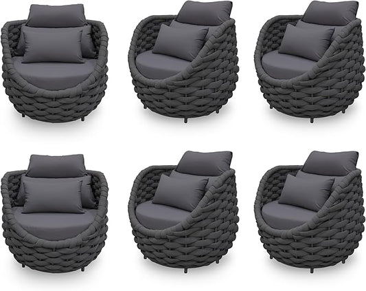 6 PCS Front Porch Accent Chair: Aluminum Woven Rope Armchair Assembled - Cushioned Patio Single Chair w/Arms Modern - All Weather Balcony Furniture for 400lbs Outdoor Yard Deck Hotel, Dark Gray