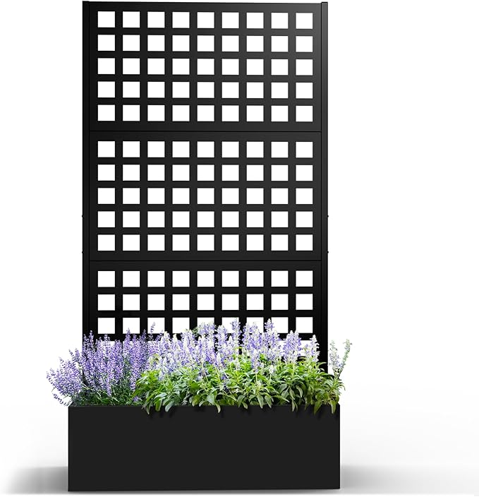 Metal Planter Box with Trellis, Planter Box with Privacy Screen, Privacy Trellis Outdoor for Climbing Plants with Drainage Holes, Raised Garden Bed for Vegetables