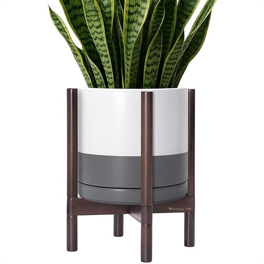 D'vine Dev Ceramic Planter with Walnut Color Stand - 12 Inch Modern Round Flower Pot with Wood Planter Holder, White/Grey, 55-B-W-6