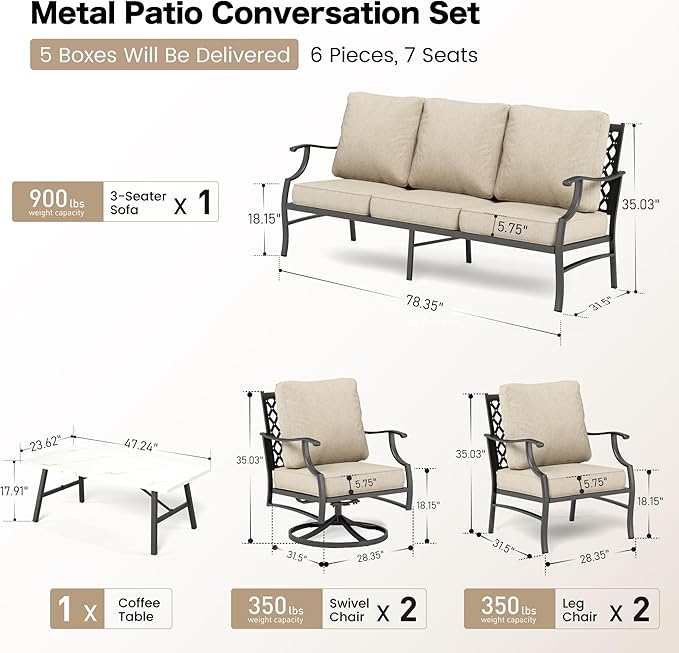 6 Piece Metal Outdoor Patio Furniture Set, Patio Conversation Sets 1 3-seater Sofa, 2 Swivel Chair, 2 Leg Chair with 5.75" Thick Cushion and Coffee Table, Backyard Furniture Set, Beige