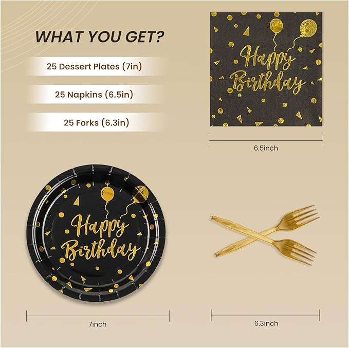 75PCS Happy Birthday Paper Plates - 7 Inch Black Gold Dot Paper Plates and 6.5 Inch Napkins with 6.3 Inch Gold Forks Disposable Tableware Set for Birthday Party Decorations, Serves 25