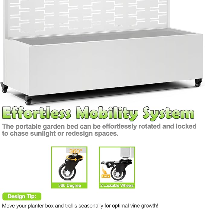 15.7"×70.9"×47.2" Metal Raised Garden Bed with Trellis and Wheels - Tall Trellis Planter Box for Climbing Plants, Vegetables & Vines - Outdoor Privacy Planters for Patio (White-Brick)