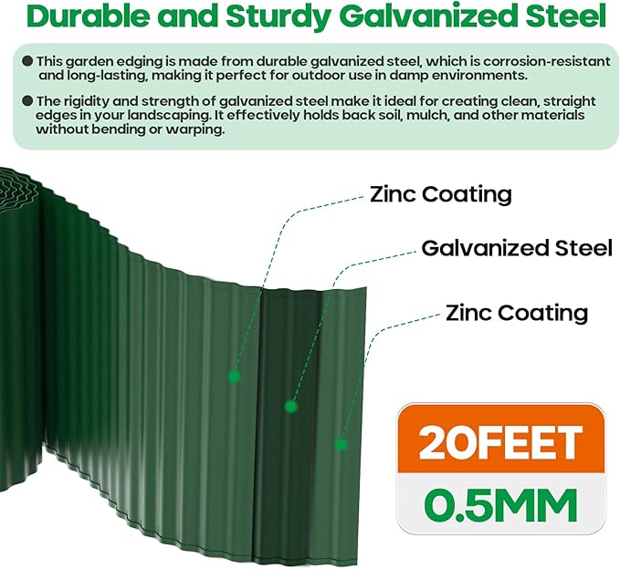 Corrugated Metal Garden Edging,Sturdy Tall Landscape Edging Borders with 6pcs Anchor Stakes, Perfect DIY for Flower Beds, Lawn and Pathway,Tree Surrounds,Paver Edges (Green 6"×20FT)