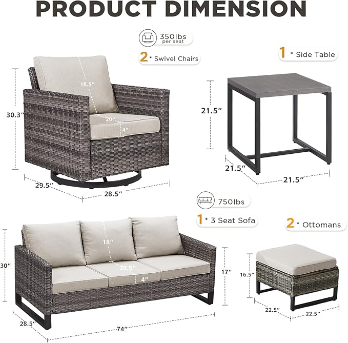 6 Pieces Patio Furniture Set-All Weather Outdoor Swivel Rocker Patio Chairs with Deep Seat Sofa Ottomans and Glass Side Table, Outdoor Conversation Sets for Garden Backyard Deck(Grey/Beige)