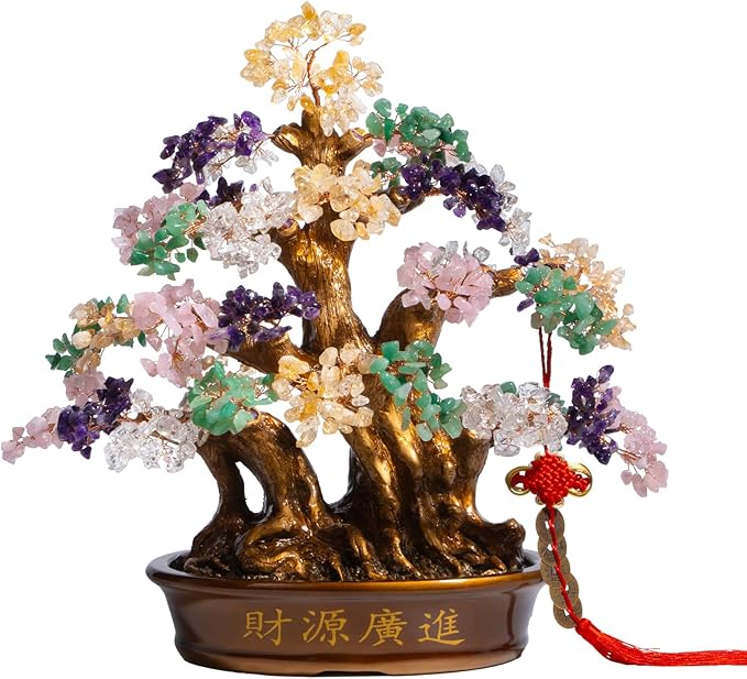 Natural Bonsai Feng Shui Money Tree, 18'', Includes Lucky Coins Chain, Tree of Life (1300 Gemstone Count), Good Luck and Wealth