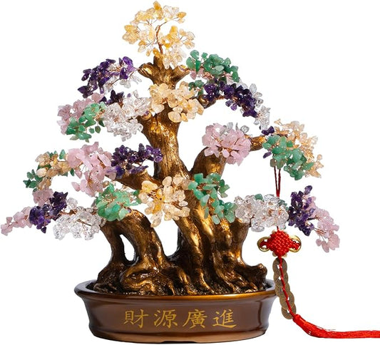 Natural Bonsai Feng Shui Money Tree, 18'', Includes Lucky Coins Chain, Tree of Life (1300 Gemstone Count), Good Luck and Wealth