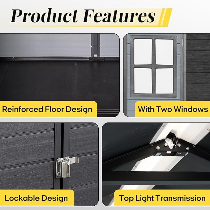 8x4ft Resin Outdoor Storage Shed with Floor and 2 Windows, Plastic Sheds & Outdoor Storage Clearance for Patio Furniture,GardenTools, Bike Accessories and Lawn Mower, Black+Grey