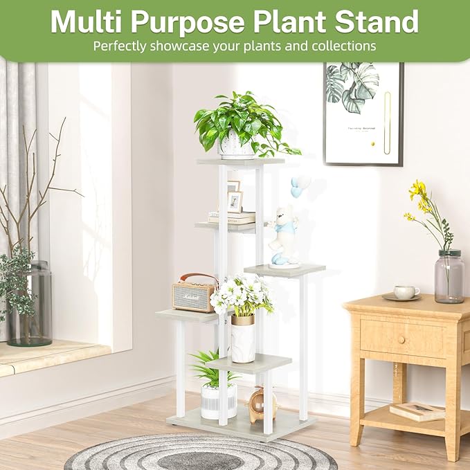 iDavosic.ly 6 Tier Plant Stand Indoor, Tiered Corner Plant Shelf for Multiple Plants, Metal Wood Tall Plant Display Rack Flower Holder for Patio Porch Garden Balcony Bedroom, White