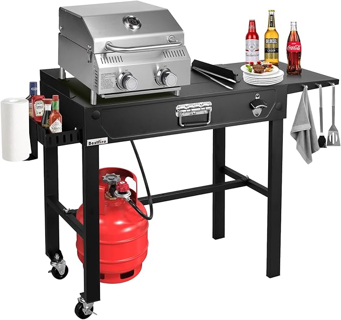 All-in-One Outdoor Grill Table with Built-in 2-Burner Propane Gas Grill – Portable Stainless Steel Cooking Station with Storage, Hooks & Lockable Wheels for Camping, Tailgating, Backyard BBQ