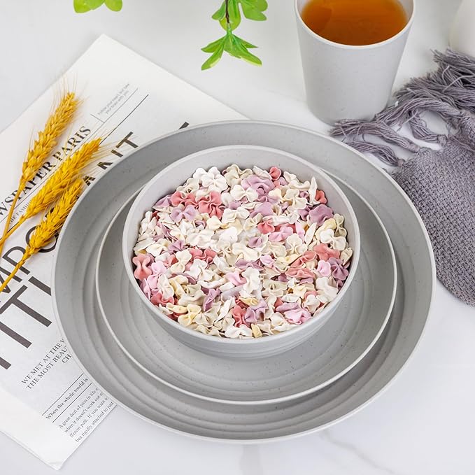 LIYH 48 Pcs Light Grey Plastic Wheat Straw Dinnerware Plates and Bowls Set,Camping Dish Set for 12, Dishwasher Safe Dinnerware Sets, Unbreakable Plates,Camping Dish Sets