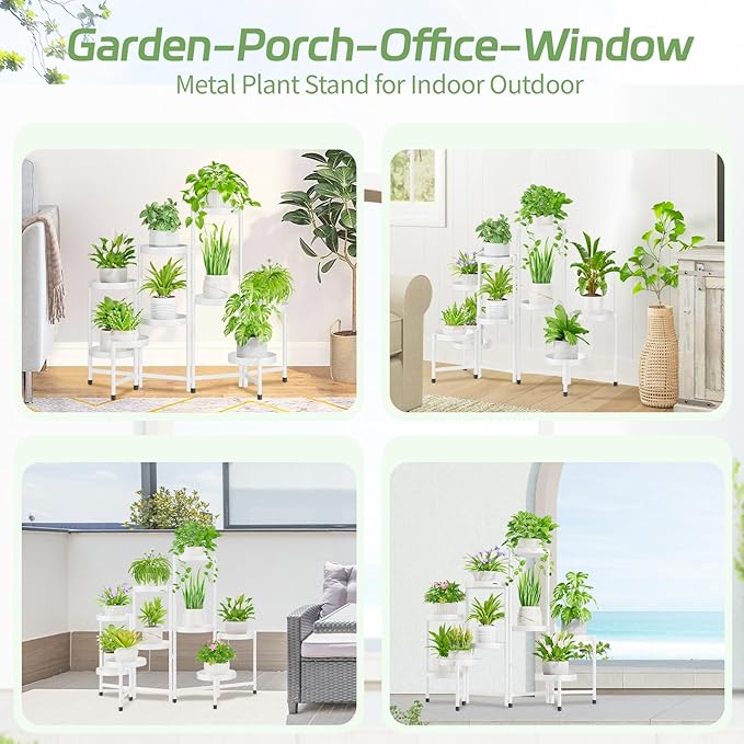 iDavosic.ly Plant Stand Indoor Outdoor, 9 Tier Corner Metal Flower Display Holder Shelf, Folding Tall Orchid Rack for Patio Balcony Porch Garden Living Room House, White