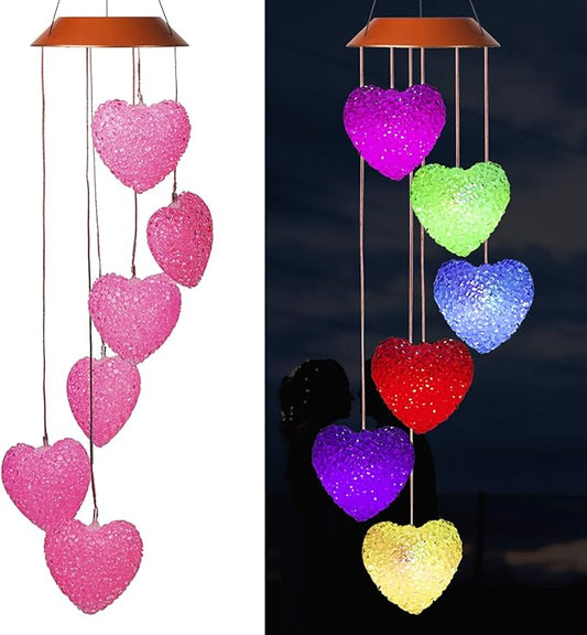 Loving Heart Solar Wind Chimes Outdoor Hanging - Waterproof Solar Powered LED Changing Lights Color Mobile Romantic Wind-Bell 6 Heart-Shaped Wind Chimes Gifts for Home, Party, Night Garden Decoration