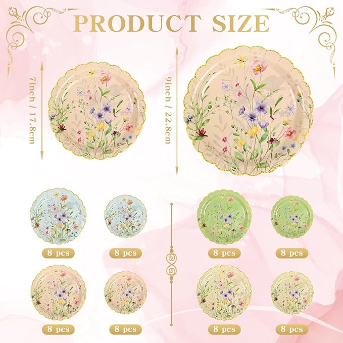 64 Pcs Wildflower Paper Plates Disposable Tableware Set 9 Inch and 7 Inch Floral Paper Plates for Wildflower Baby Shower Tea Party Birthday Wedding Picnic Garden Decoration Supplies