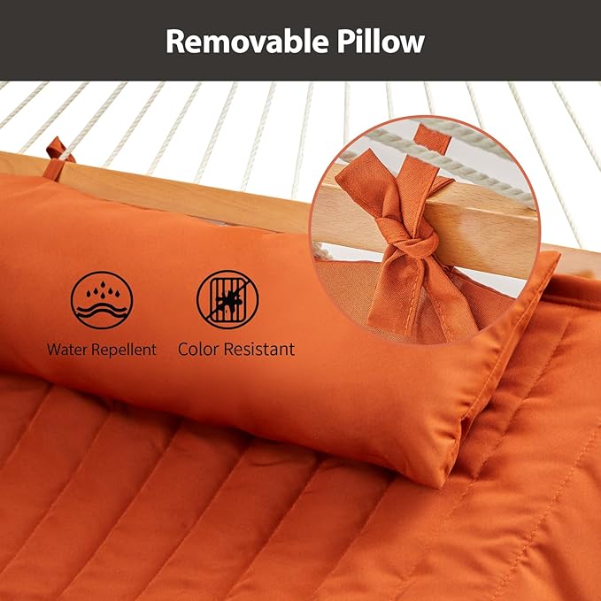 Outdoor Double Hammock with Hardwood Spreader Bars, Large Rope Hammock with Polyester Pad and Pillow, 475 LBS Capacity for 2 Person Patio Backyard Poolside - Terracotta