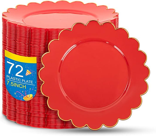 SUT 72Pcs Plastic Plates-7.5inch Red Dessert Plates with Gold Trim, Red Disposable Plates, Disposable Plates,Fancy Plastic Plates, Heavy Duty Plastic Plates for Wedding & Parties