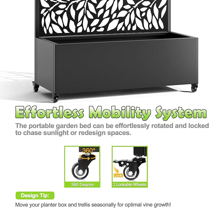 15.7"×70.9"×35.4" Metal Raised Garden Bed with Trellis and Wheels - Tall Trellis Planter Box for Climbing Plants, Vegetables & Vines - Outdoor Privacy Planters for Patio (Black)