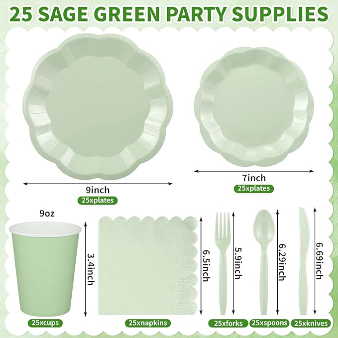 175 Pcs Sage Green Plates and Napkins Set, 25 Guest Sage Green Party Supplies Include Scalloped Plate Napkin Cup Forks Knives Disposable Plastic Cutlery for Wedding Baby Shower Birthday