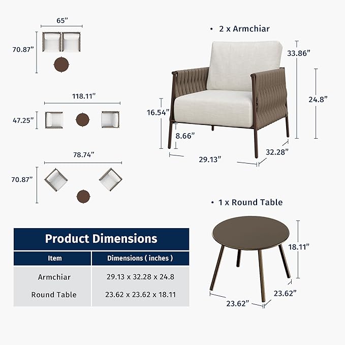 EAST OAK 3-Piece Patio Furniture Set | Armchairs & Coffee Table | Outdoor Furniture with Cushions | Deep Seating Modern Conversation Set | Garden, Porch, Balcony & Backyard | Chestnut & Apricot