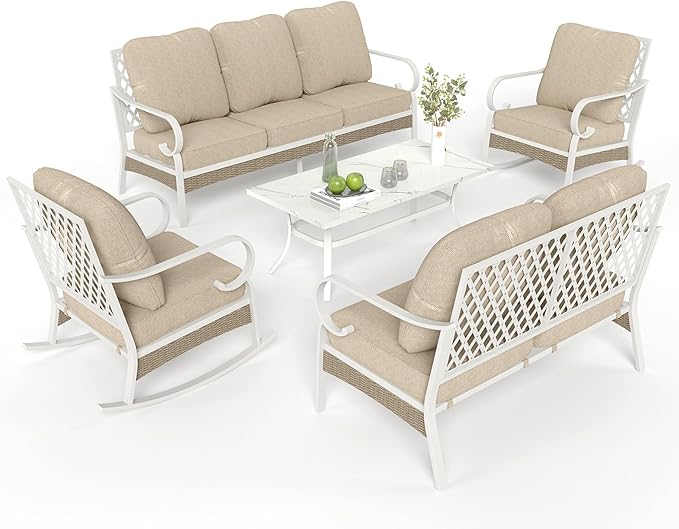5 Piece Patio Furniture Set, 2 x Rocking Chair, 1 x 2-Seat Sofa, 1 x 3-Seat Sofa with Marbling Coffee Table, All Cushioned 7 Seats Outdoor Conversation Set, Beige