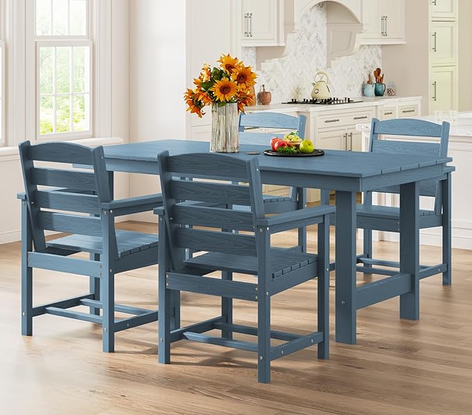 SERWALL Patio Table Set, Outdoor HDPE Dining Furniture with Umbrella Hole, All Weather for Lawn, Garden, Backyard, Poolside, Blue