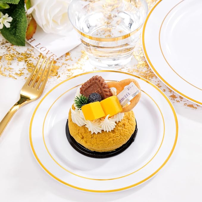 WELLIFE 300Pcs Gold Dinnerware Set for 50 Guests, Gold Rim Plastic Plates Disposable, 50 Dinner and 50 Salad Plates, 50 Cups, 50 Silverware Set for Party