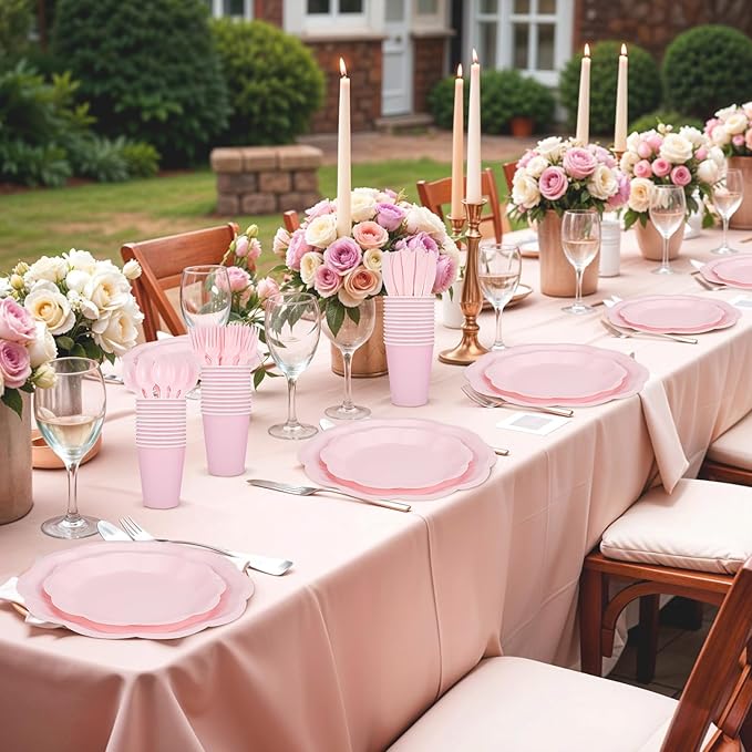 350 Pcs Light Pink Party Supplies Include Scalloped Plate Napkin Cup Forks Knives, Plastic Cutlery 50 Guest Disposable Party Tableware Set for Wedding Baby Shower Bridal Shower Birthday Parties