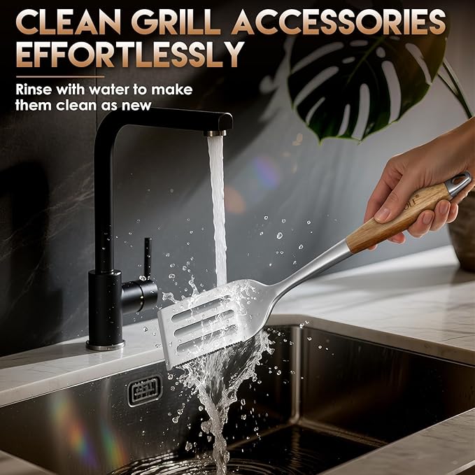 TIVOLI 3PCS Grilling Accessories, Heavy Duty BBQ Tool Set with Stainless Steel Spatula, Tongs, Fork, Wood Handles Barbecue Utensils Kit for Outdoor, Perfect Grill Gifts for Dad Men