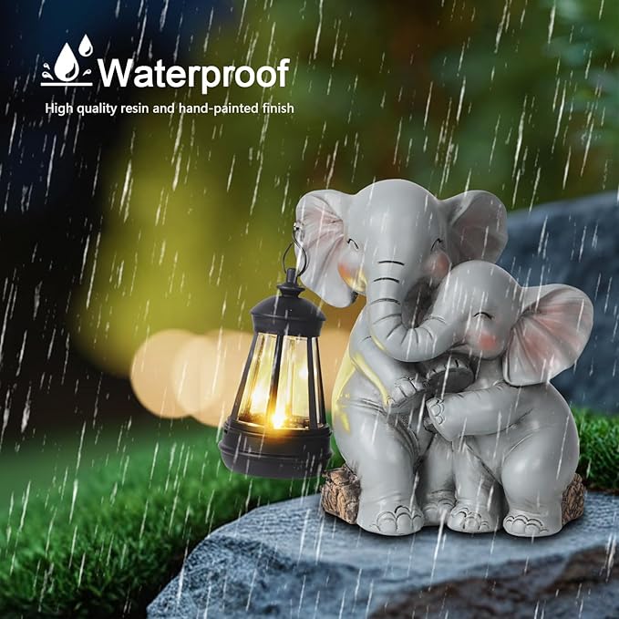 Solar Garden Decor - Mother Baby Elephant Statue with Solar Lantern 7" Resin Elephant Figurines Outdoor Yard Porch Lawn Patio Decor Housewarming Birthday Gift for Mom Grandma Women