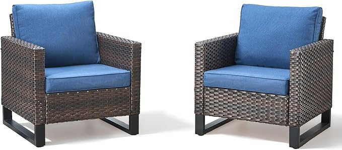 Wicker Outdoor Patio Chairs Set of 2-High Back Rattan Patio Club Chairs with Thickened Cushions Wide Armrest All Weather Patio Furniture Set for Deck Porch Balcony(Brown/Blue)