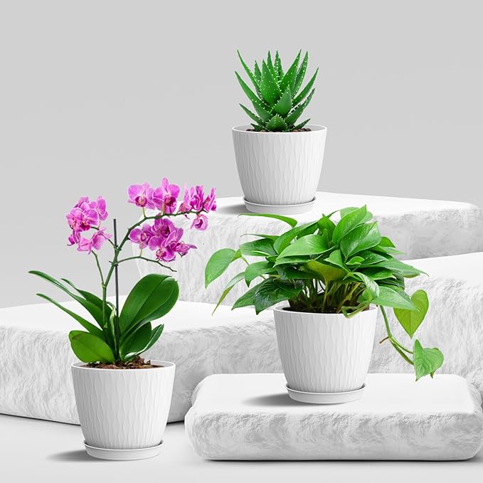 6 Inch Plant Pots, 6 Pack Flower Pots for Indoor and Outdoor Use, Planters with Drainage Holes and Saucers, White