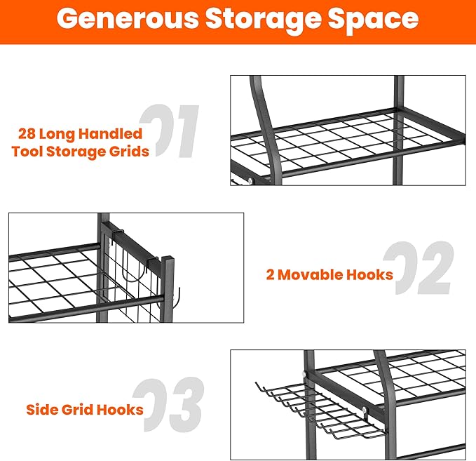 Ultrawall Garden Tool Organizer, Yard Tool Storage Stand for Garage with Lockable Wheels, Shed Tool Storage for Rake, Brooms, Indoor & Outdoor Use