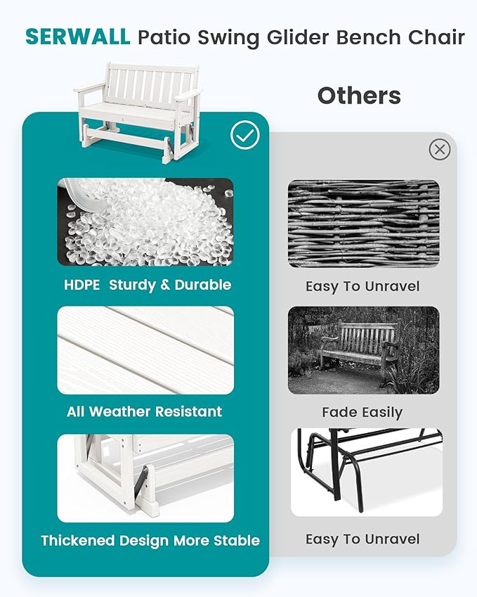 SERWALL Outdoor Glider Bench Set of 2, HDPE Weather-Resistant Swinging Bench for Backyard Garden Porch, White
