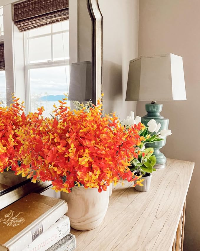 RECUTMS Artificial Outdoor Mums Artificial Eucalyptus Stems Faux Outdoor Boxwoods Faux Flowers for Outside Planters Outdoor Fake Potted Plants Faux Ferns for Outdoor Planter Large(Gold Eucalyptus)