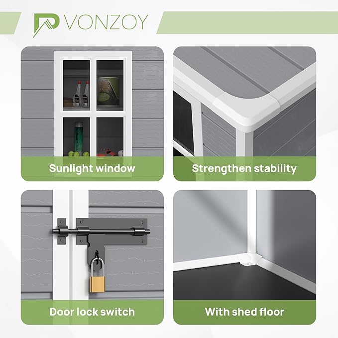 Resin Outdoor Storage Shed, 6x6FT Plastic Garden Shed with Floor, Lockable Door & Window, Waterproof Tool Shed for Backyard Garden Patio Lawn Grey White