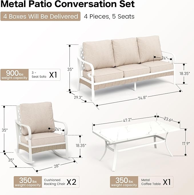 4 PCS Metal Outdoor Patio Furniture Set, Patio Conversation Set 1 3-seater Sofa, 2 Rocking Chairs with 5.75" Extra Thick Cushion and Coffee Table, White Frame Backyard Furniture, Beige