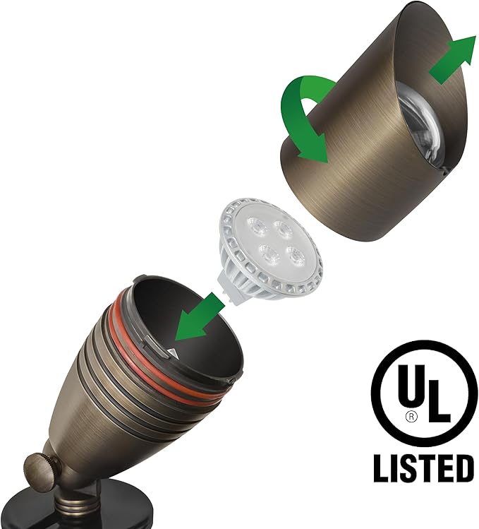 GKOLED UL Listed Solid Brass Landscape Spotlight, Low Voltage Outdoor Directional Uplight, with 5W MR16 LED Bulb & Large Rugged Slot Spike, 12V AC/DC Garden Patio Spot Up Light