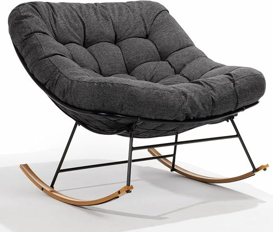 Bme Patio Rocking Chair Outdoor & Indoor, Metal Patio Lounge Rocking Chair with Thick Cushion, Comfy Modern Rocker Chair for Living Room, Porch, Backyard, Grey Cushion - Wood Texture Rocker