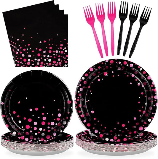 96Pcs Hot Pink and Black Party Supplies Black and Pink Birthday Plates and Napkins Tableware Sets Girls Night Party Decoration for Bachelorette Pajama Wedding Bridal Baby Shower Decorations Serves 24