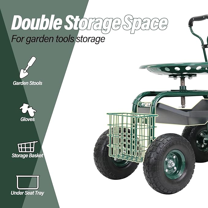 BESTHLS Garden Cart with Seat on Wheels Rolling Gardening Stool with Wheels Heavy Duty for Planting with 360 Degree Swivel Seat Steering Handle & Utility Tool Tray