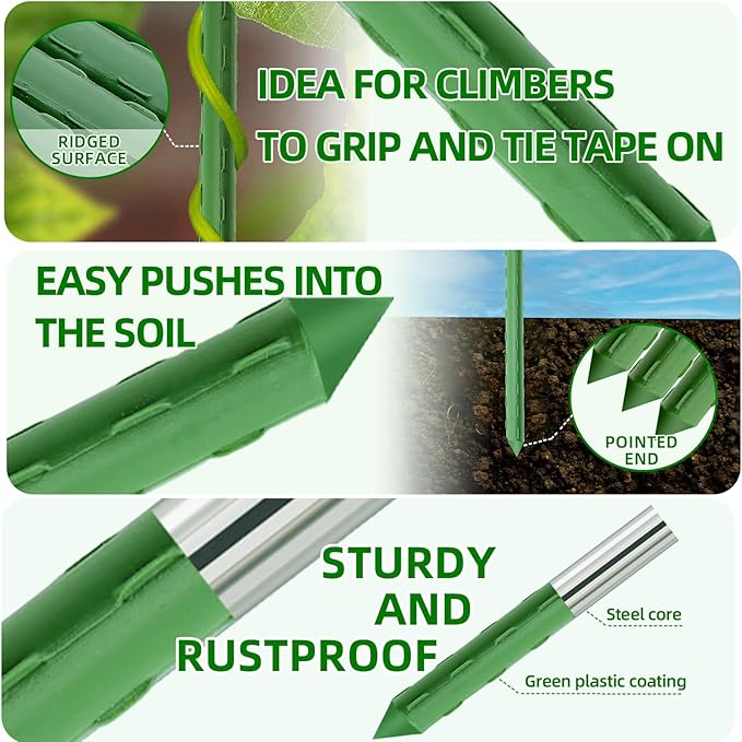 Garden Stakes 16 Inch 30 Pack, Diy 4ft 5ft 6ft 7ft 8ft Tomato Stakes Plastic Coated Metal Plant Sticks Stakes Supports with 20 Connectors 15 Rotatable Clips for Indoor Outdoor Plants Vegetable
