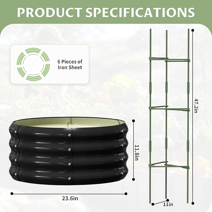 SUNYRISY 3 Pcs Galvanized Raised Garden Bed with Tomato Cages Trellis, Metal Outdoor Planter Garden Box with Plant Stakes Support for Climbing Plants Gardening Flowers Vegetables Herbs, Black